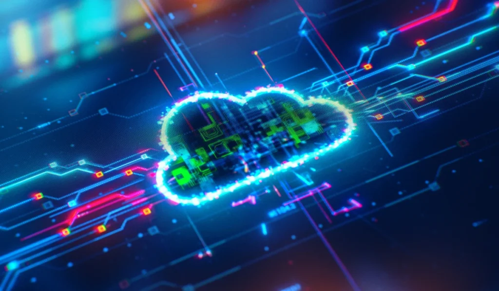 Abstract cloud computing concept with a glowing cloud icon connected to digital circuits, symbolising cloud technology and data integration.